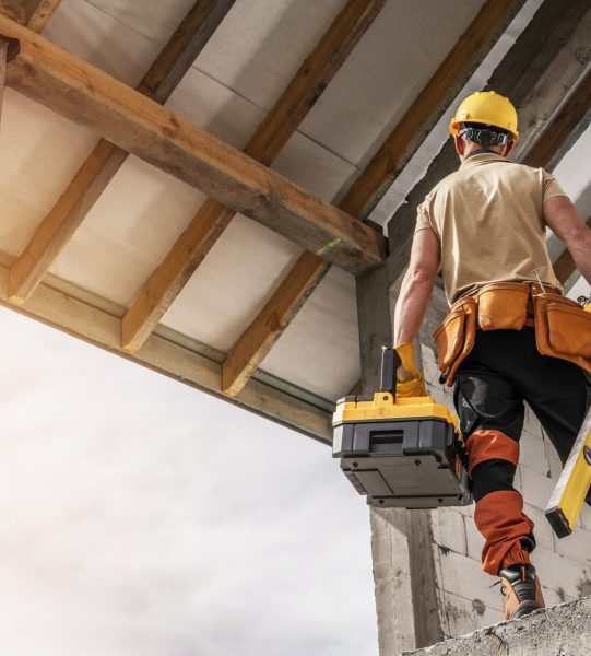 A construction worker stands at a height, holding a toolbox and level, actively assessing a building's framework during the day.