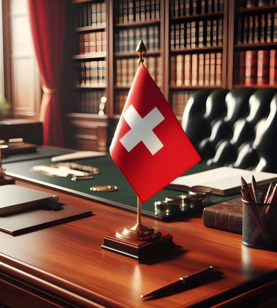 A small Swiss flag stands on an elegant desk surrounded by bookshelves filled with books. Sunlight filters through the window, creating a warm and inviting atmosphere.
